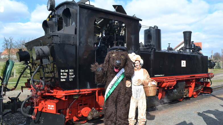 Das Maskottchen der Lößnitzgrundbahn, der Lößnitzdackel, hat am kommenden Wochenende den Osterhasen zu Gast.