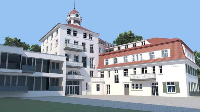 Mit Balkonen und dem Walmdach präsentiert sich das Wirtschaftsgebäude, wenn es fertig ist.