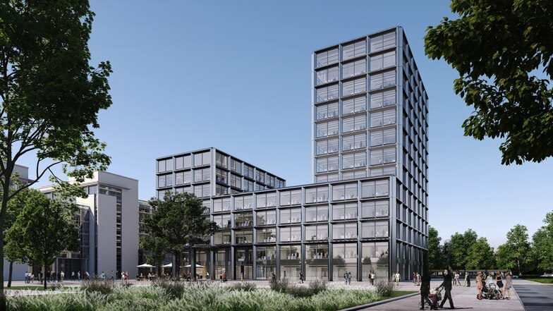 So wird die neue Hauptverwaltung der Kommunalversorger Drewag und Enso am Hauptbahnhof aussehen. Das Hochhaus wird 51 Meter hoch.
