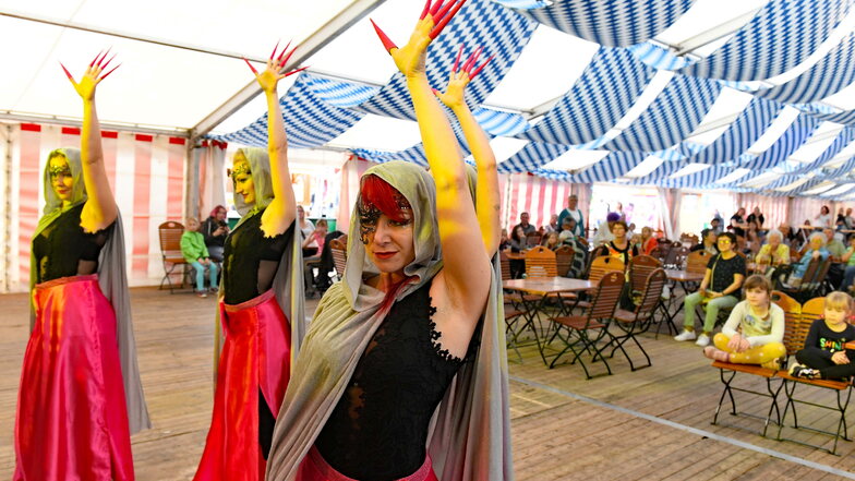 Orientalischen Bauchtanz zeigten die Tänzerinnen der Arabica-Tanzshow um Franziska Franz im Festzelt in Hartha.