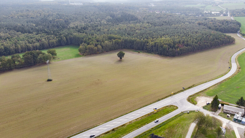 Blick auf die S177: Vom Abzweig Großerkmannsdorf (vorn) wird die neue Schnellstraße in gerader Richtung weiter über die Felder geführt.