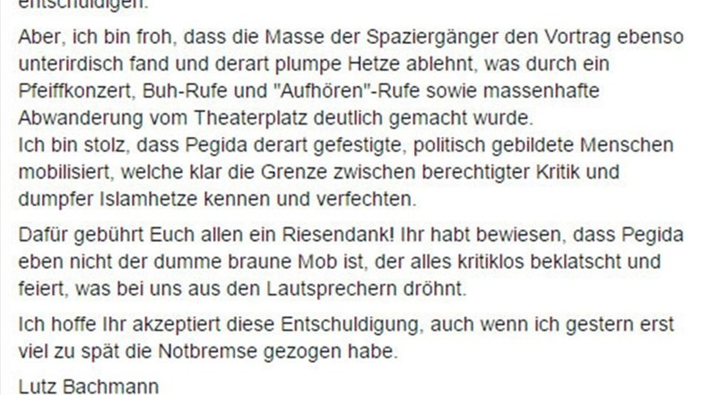 Die Entschuldigung von Lutz Bachmann bei Facebook.
