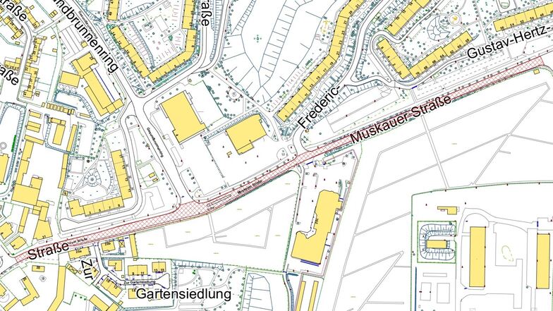 Der rot eingezeichnete Bereich der Muskauer Straße in Bautzen wird saniert. Die Bauarbeiten finden zwischen Friedrich-List-Straße und Thomas-Müntzer-Straße statt.