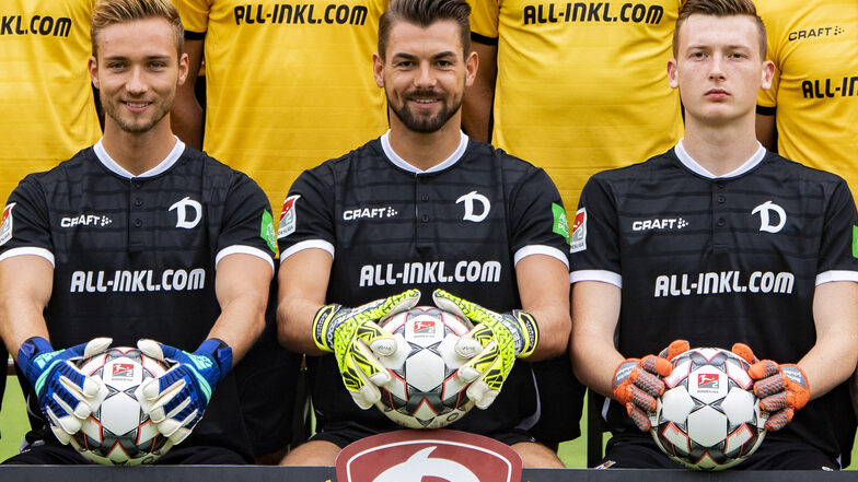 Dynamos Torhüter (von links): Tim Boss, Patrick Wiegers und Markus Schubert, der in Ingolstadt auch im Tor steht.