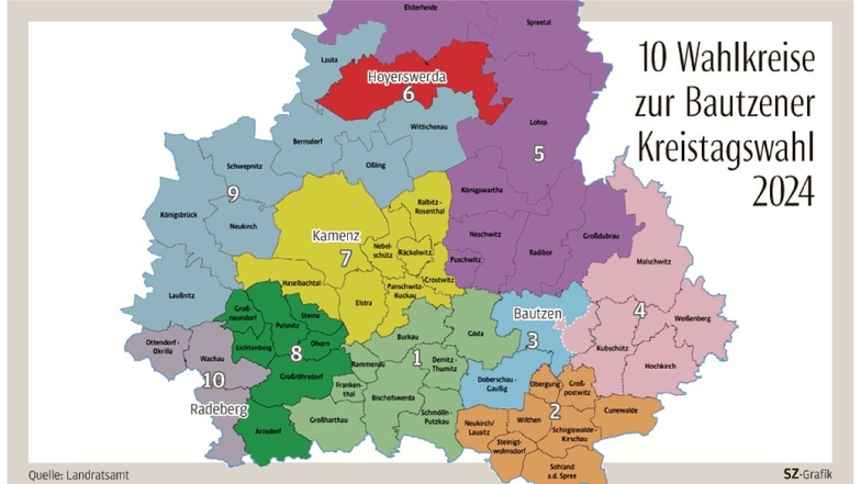 Das sind die zehn Wahlkreise für die Kreistagswahl 2024 im Landkreis Bautzen.