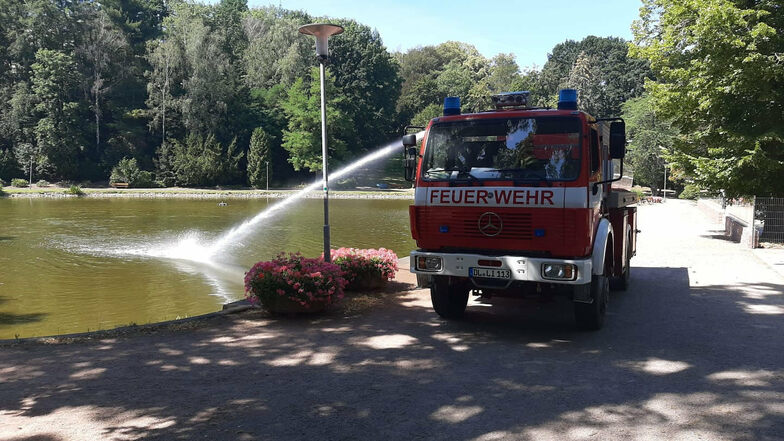 Die Kameraden der Feuerwehr Limmritz haben den Teich im Döbelner Bürgergarten mit zwei Tankerfüllungen Wasser aufgefüllt.