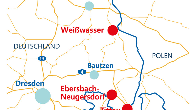 Die drei Krankenhausstandorten im Landkreis Görlitz: Ebersbach-Neugersdorf, Zittau und Weißwasser.