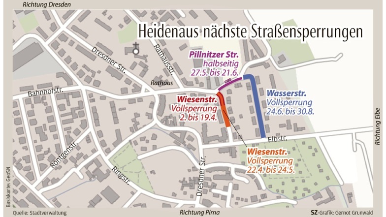 Eine offizielle Umleitung weist die Stadt Heidenau nicht aus, da es sich um keine Durchfahrtsstraßen handelt und vor allem Anwohner betroffen sind.