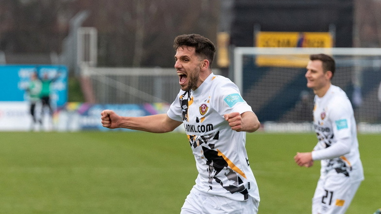 Sein zweites Tor im Spiel ist das dritte für Dynamo – und damit die Entscheidung in Oldenburg. Ahmet Arslan hat also allen Grund zur Freude.