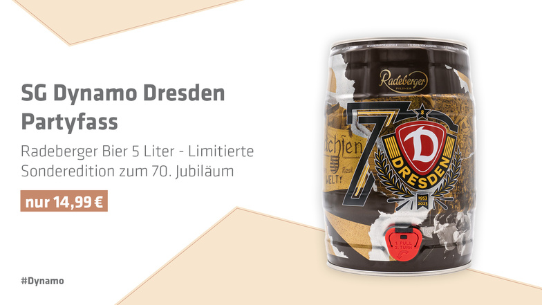 SG Dynamo Dresden Partyfass mit Radeberger Bier, 5 Liter, in der limitierten Sonderedition zum 70. Jubiläum.