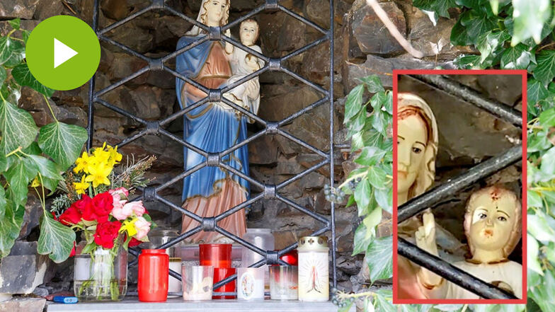 Die Marienstatue von Ostro. Das kleine Foto zeigt "Blutspuren" auf den Köpfen von Maria und dem Jesuskind, es handelt sich um  einen Ausschnitt aus einem Video.
