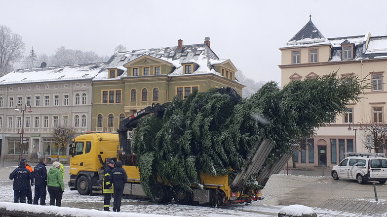 Am Montagvormittag kam der Weihnachtsbaum auf dem Markt in Sebnitz an.