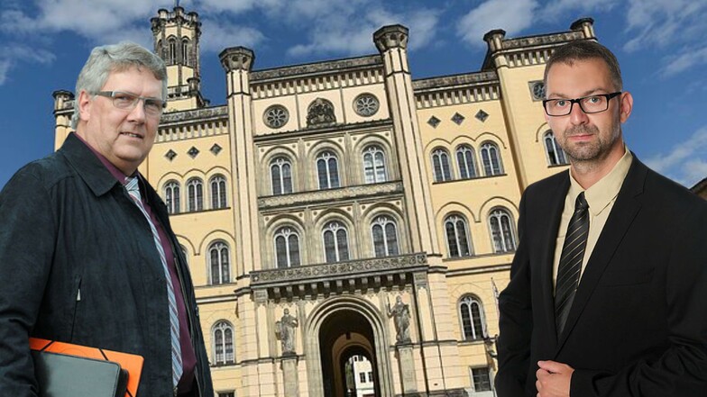 Die Fraktionsvorsitzenden Thomas Kurze (FFF) und Jens Hentschel-Thöricht, (Linke) vor dem Zittauer Rathaus.