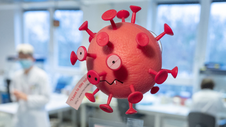 Eine Figur in der Form eines Virus hängt an der Tür vom PCR-Labor im Niedersächsischen Landesgesundheitsamt.