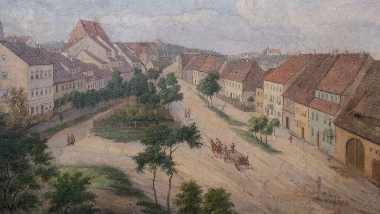 Blick in die Neugasse. Das Gemälde stammt aus der Mitte des 19. Jahrhunderts.