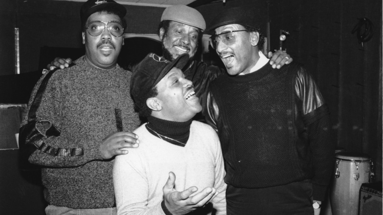 Die Soulgruppe Four Tops, Lawrence Payton (im Uhrzeigersinn von links), Levi Stubbs, Abdul "Duke" Fakir und Renaldo "Obie" Benson, während einer Aufnahmesitzung in New York im März 1986.