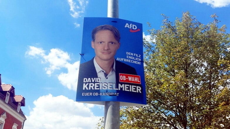 Plakat aus dem OB-Wahlkampf in Weißwasser mit  David Kreiselmeier (AfD).