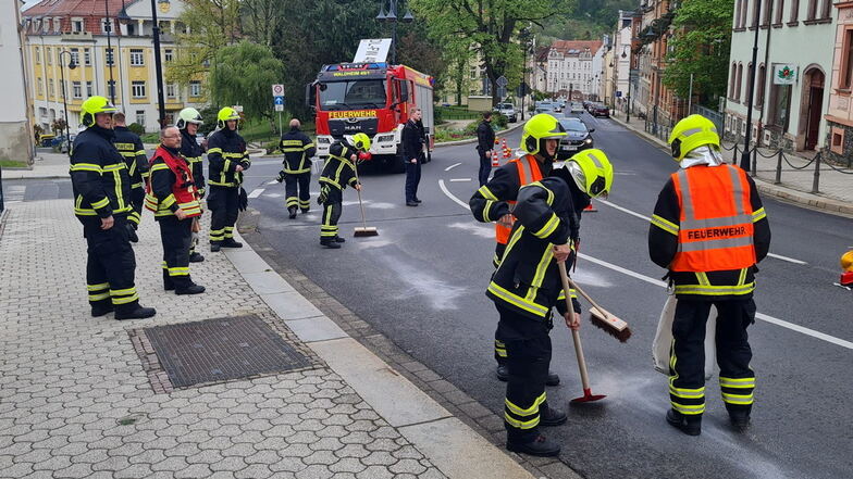 Die Kameraden der Waldheimer Feuerwehr haben sich in Waldheim um die bei einem Unfall ausgelaufenen Betriebsflüssigkeiten gekümmert.