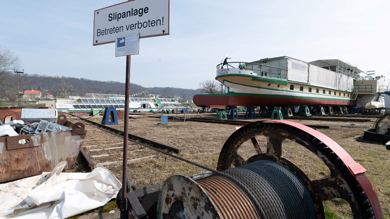 Während das Salonschiff "August der Starke" im Hintergrund an Stahlseilen wieder in die Elbe gelassen wird, sind die Bauarbeiten am Dampfer "Stadt Wehlen" noch in vollem Gange