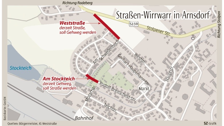 Die Grafik zeigt die Straßenzufahrten in Arnsdorf. Im Wohngebiet Weststraße soll die fehlende Straße Am Stockteich neu gebaut werden und die Zufahrt von der Stolpener Straße aus auf die Weststraße ist gesperrt worden.