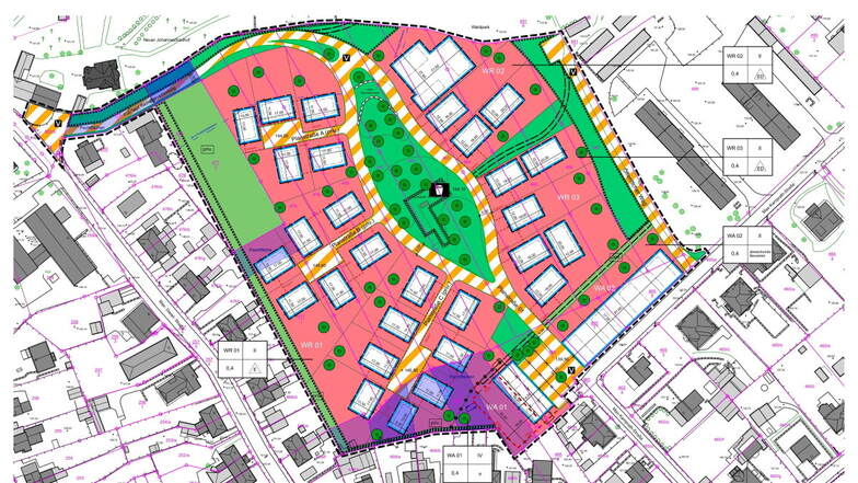 Die violetten Flächen zeigen die verpachteten Flächen im geplanten Baugebiet am Fürstenberg. Im Süden sollen die Pläne überarbeitet und Platz für einen Grünstreifen geschaffen werden.