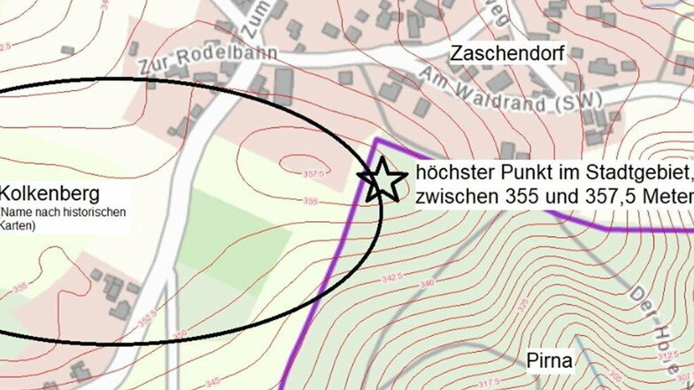 Blick auf die Landkarte: Pirnas höchster Punkt liegt kurz vor dem Dresdner Ortsteil Zaschendorf.