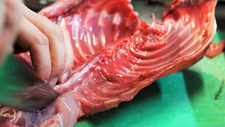 Fleisch wird von der Karkasse eines Nutria geschnitten.