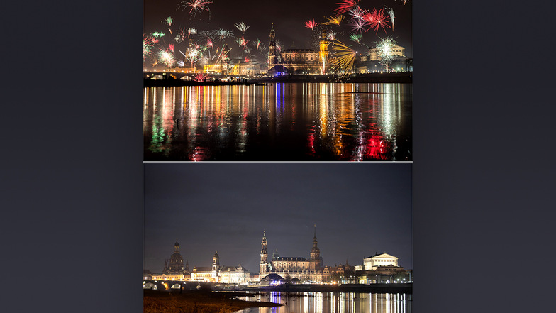 Der Vergleich: Das Feuerwerk in Dresden in den ersten Minuten des neuen Jahres am 01.01.2020 (oben) und den Beginn des neuen Jahres am 01.01.2021 (unten) vor der barocken Stadtsilhouette.