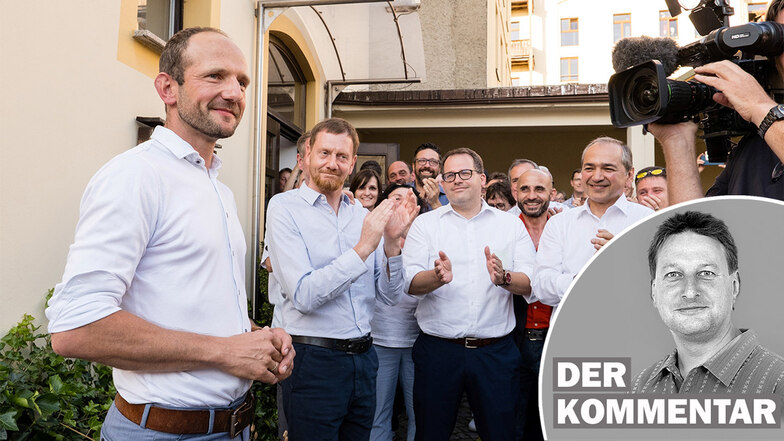 Hier ließ er sich auch von Ministerpräsident Michael Kretschmer feiern: Stephan Meyer (links) nach der gewonnenen Landratswahl in Görlitz.