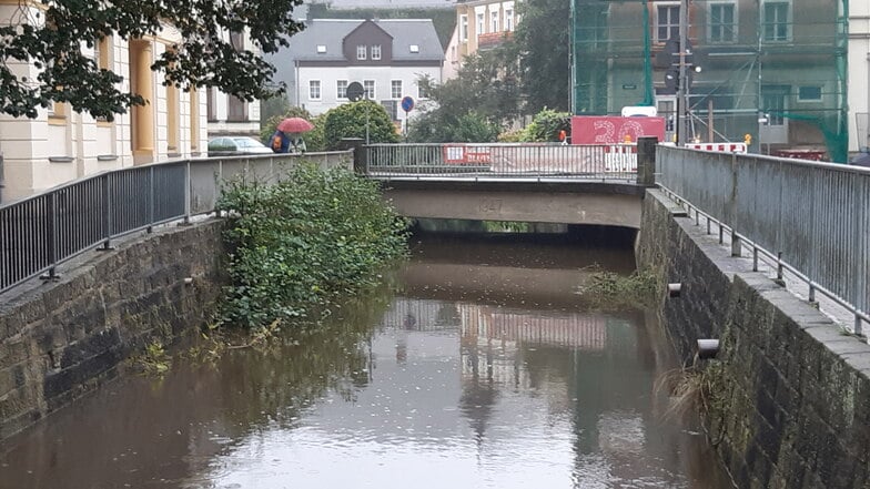 Viel Platz hat die Kirnitzsch nicht mehr. Der Rückstau macht sich an der Kirnitzschtalstraße bereits bemerkbar.