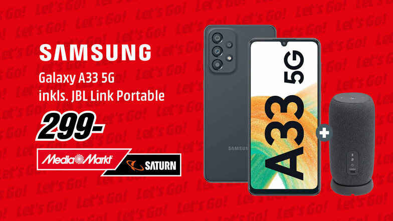 Du suchst ein Smartphone, das dich zum Staunen bringt? Das Galaxy A33 5G gibt es im Set mit dem JBL Link Portabel zum Bestpreis!