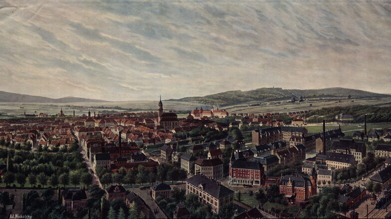 Ein Gemälde von Adolph Michalsky aus dem Jahr 1913: Im Vordergrund rechts ist gleich neben dem Bahnhof der rote Klinkerbau der Alten Post zu erkennen.