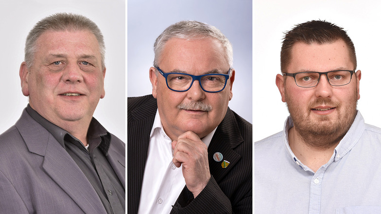 Die Altenberger Bürgermeisterkandidaten Henry Beeckmann (FW) (v.l.), Andreas Scholte van Mast (AfD) und Markus Wiesenberg (CDU) stellen sich beim Wahlforum von Sächsische.de am 23. Mai im Leitenhof in Geising vor.