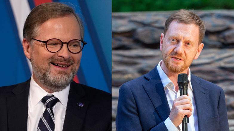 Sachsens Michael Kretschmer (CDU, rechts) wird am kommenden Montag nach Prag zu Tschechiens Premierminister Petr Fiala (links) fahren.