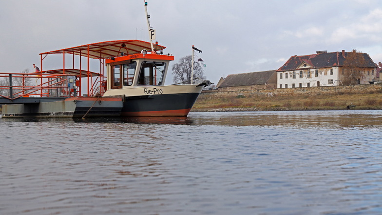 Die Fähre Riepro lag zuletzt tagelang auf Riesaer Seite fest. Ab sofort soll sie wieder nach Promnitz (im Hintergrund) über die Elbe setzen.
