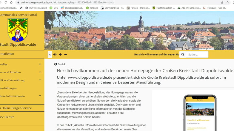 Screenshot vom neuen Internetauftritt der Stadtverwaltung Dippoldiswalde.