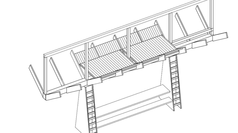 Platz 1: Herzstück der überdimensionalen "Futterkrippe" ist eine rund 3,50 Meter lange Tafel zum Picknicken, über Leitern geht es auf den Schlafboden, auf dem vier Personen Platz haben.