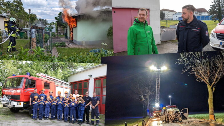 Mehrere Laubenbrände, ein Besuch von MP Kretschmer zum Jahresende, die Gründung einer neuen Jugendfeuerwehr in Canitz oder Einsätze bei Verkehrsunfällen: Riesas Feuerwehr um Leiter Robert Gudat (oben rechts) hatte 2023 viel zu tun.