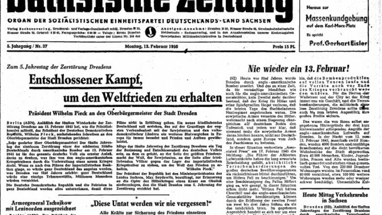 Am 13. Februar 1950 begann mit Staatspräsident Wilhelm Pieck eine Tradition, die bis zum Ende der DDR anhielt: Zu den "runden" Jahrestagen der Luftangriffe kamen stets höchste SED-Würdenträger.