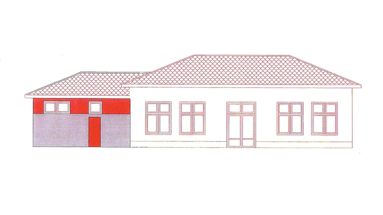 So soll das neue Bürgerhaus an Schlauroths Dorfteich aussehen. Links (farbig) das alte Teichhäusl, rechts der neue Anbau.