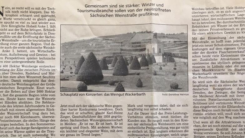 1992 schrieb Dorothea diesen Artikel über die Sächsische Weinstraße, die damals noch ganz neu war. 