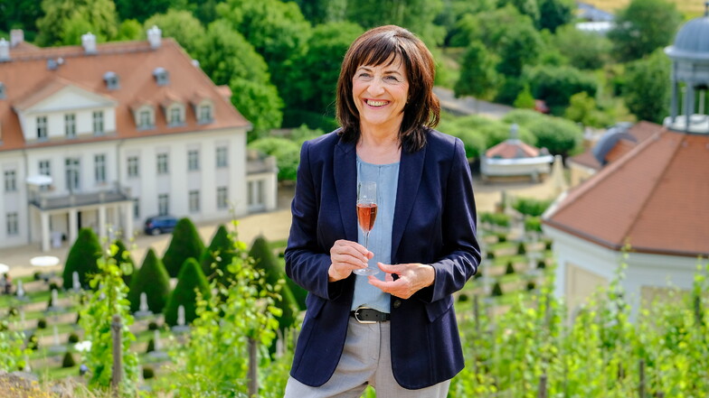 Sonja Schilg steht mitten im Weinberg des Staatsweingutes Schloss Wackerbarth, dessen Geschicke sie 20 Jahre lenkte.