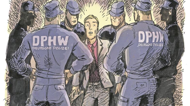 So könnte es am 23. November 2012 gewesen sein. SZ-Zeichner Christian Turk hat den Überfall von falschen Polizisten auf einen Gerichtsvollzieher im Meißner Land im Bild nachgestellt.