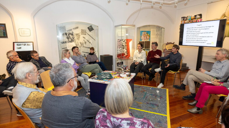 Jens Schulze-Forster, Alexander Ehrke, Sebastian Bieler und Luisa Gawalski (v.r.) diskutierten im Museum Alte Lateinschule mit Besuchern beim Kunstgespräch.