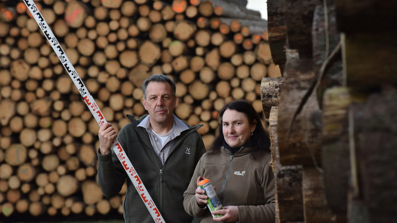 Annett Jung und Christoph Schönbach von der Forstbetriebsgemeinschaft Freiberger Land - Erzgebirge mit 1300 Festmetern Holz von Privatwaldbesitzern auf Holzlagerplatz bei Ruppendorf.