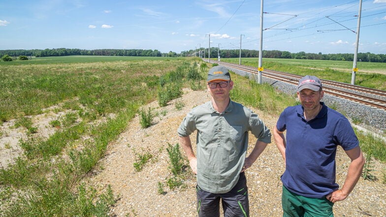 Vorsitzender Andreas Graf (links) und Tobias Kärber von der Agrargenossenschaft See stehen vor der Fläche, auf der ein Solarfeld entstehen soll.
Der Blick aufs Feld zeigt, dass der Boden sehr ertragsarm ist.