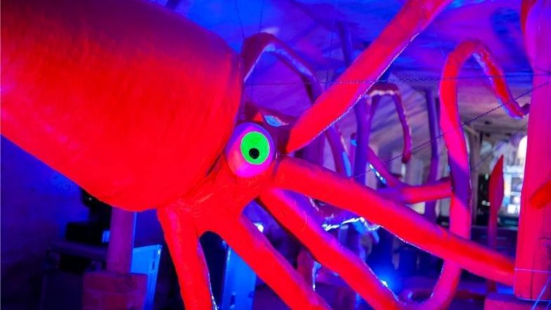 Verspielt und scheinbar grenzenlos sind die Kunstprojekte des Festivals. Der knallrote Riesen-Calamaris ist einer der Farbtupfer in der „Unterwasserwelt“.
