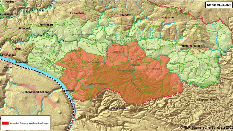 Das rot markierte Gebiet innerhalb Nationalparks Sächsische Schweiz bleibt vorerst gesperrt.