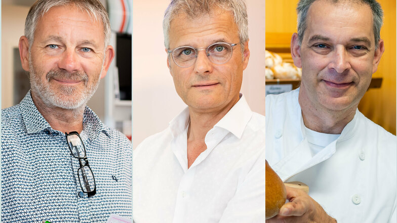 Sie behaupten sich seit 30 Jahren mit ihren Unternehmen erfolgreich in Bischofswerdat: Apotheker Rainer Klotsche, Optiker Michael Plüschke, Bäckermeister Steffen Haufe (v.l.)