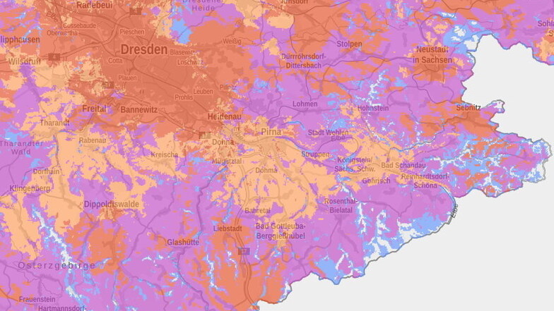 Netzkarte von Telekom. Gebiete mit 5G sind rot eingefärbt, die Mischform 5G DDS in Orange, 4G ist violett, 2G ist blau und Mobilfunklöcher sind weiß.